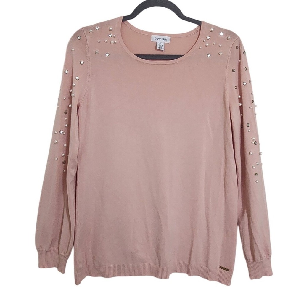 Calvin Klein Pink Pearl Rhinestone Embellished Sweater Small C9HSP073